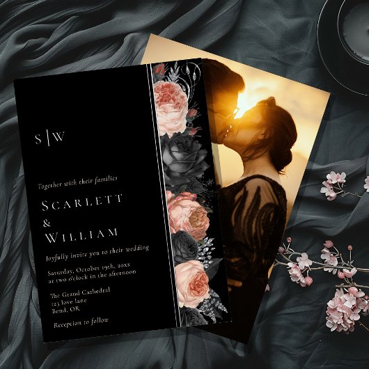 FOLIE Gotische  Zwart Monogram Foto Bruiloft Folie Uitnodiging