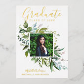 Folie Greenery Gold Foto Afstuderen Aankondiging (Voorkant)