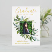 Folie Greenery Gold Foto Afstuderen Aankondiging (Staand Voorkant)