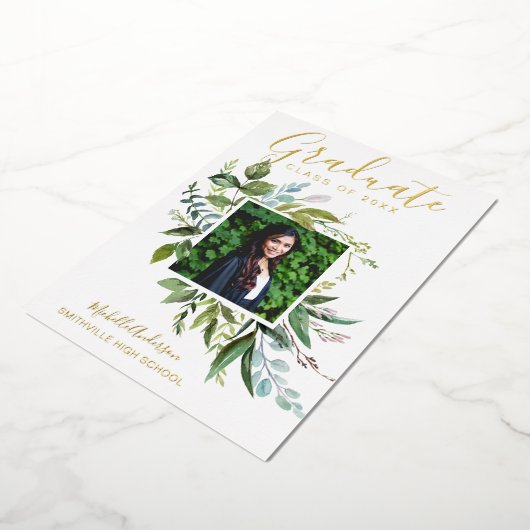 Folie Greenery Gold Foto Afstuderen Aankondiging (Gedraaid)