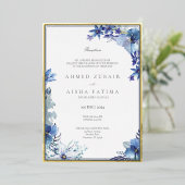 Folie grens Receptie Uitnodiging met blauwe bloeme (Staand Voorkant)