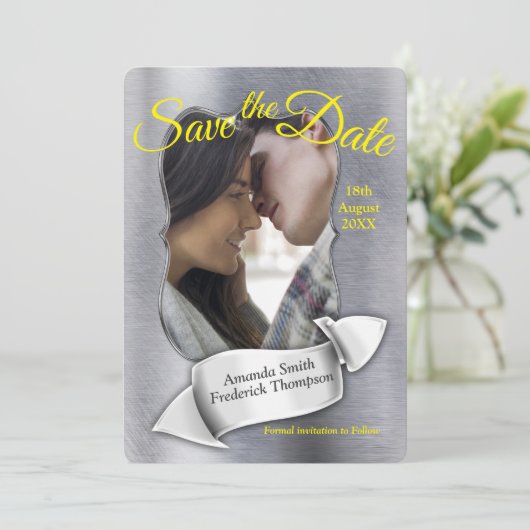 Folie - Grijze en gele tekst Opslaan Datum Kaart (Staand voorkant)