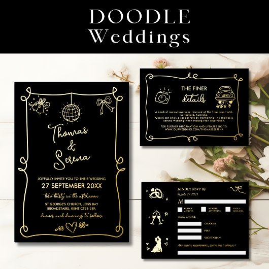 Folie Hand getekende Franse grillige Doodle bruilo Folie Feestdagenkaart