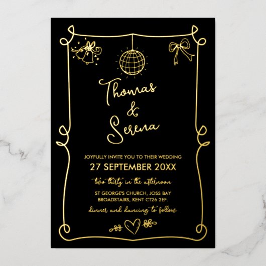 Folie Hand getekende Franse grillige Doodle bruilo Folie Feestdagenkaart (Voorkant)