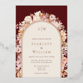 FOLIE Herfst Bloemen Bourgondië Arch Monogram Brui Folie Uitnodiging (Voorkant)