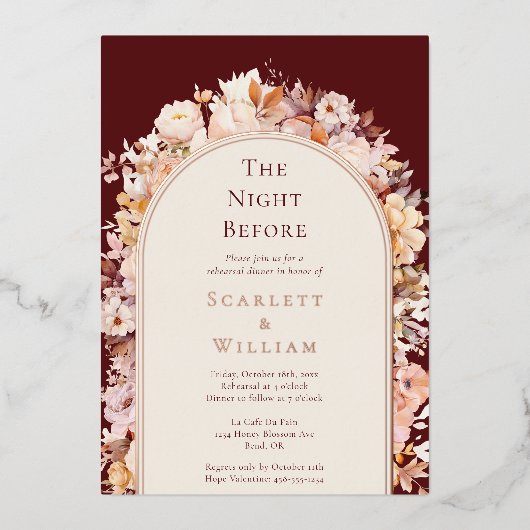 FOLIE herfst bloemenbordeaux bruiloft avond ervoor Folie Uitnodiging (Voorkant)