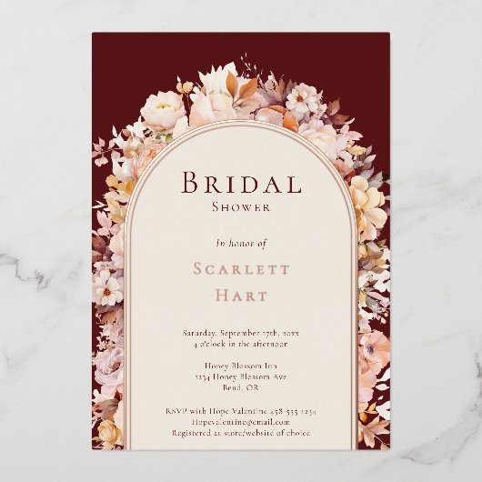 FOLIE herfst bloemenbordeaux creme Vrijgezellenfee Folie Uitnodiging (Voorkant)