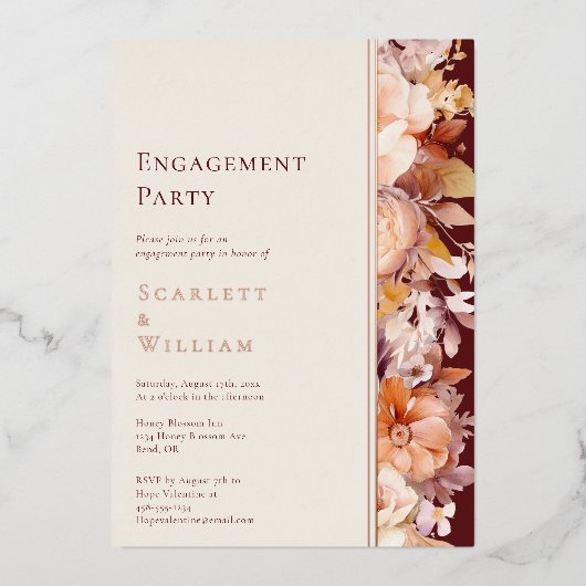 FOLIE herfst Bourgondië Cream Modern Engagement Pa Folie Uitnodiging (Voorkant)