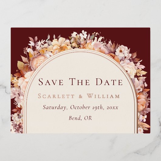 FOLIE herfst Bourgondische bruiloft Save the Date Folie Uitnodiging Briefkaart (Voorkant)