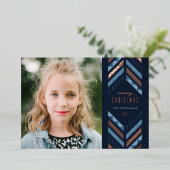 Folie Herringbone Band Holiday Photo Card - Blue Folie Uitnodiging (Staand Voorkant)