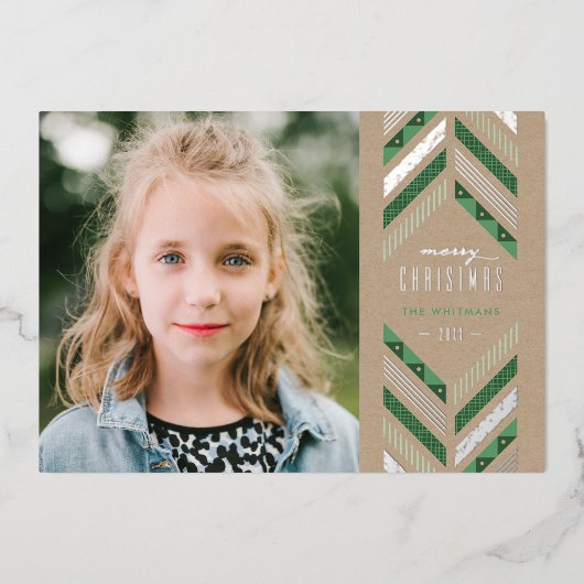 Folie Herringbone Band Holiday Photo Card - Groen Folie Uitnodiging (Voorkant)