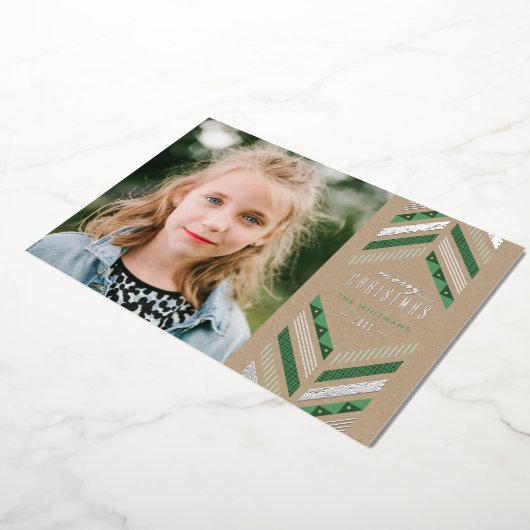 Folie Herringbone Band Holiday Photo Card - Groen Folie Uitnodiging (Gedraaid)