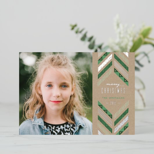 Folie Herringbone Band Holiday Photo Card - Groen Folie Uitnodiging (Staand Voorkant)