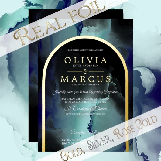 Folie Jade en Navy Blue Modern Fluid Ink Folie Uitnodiging