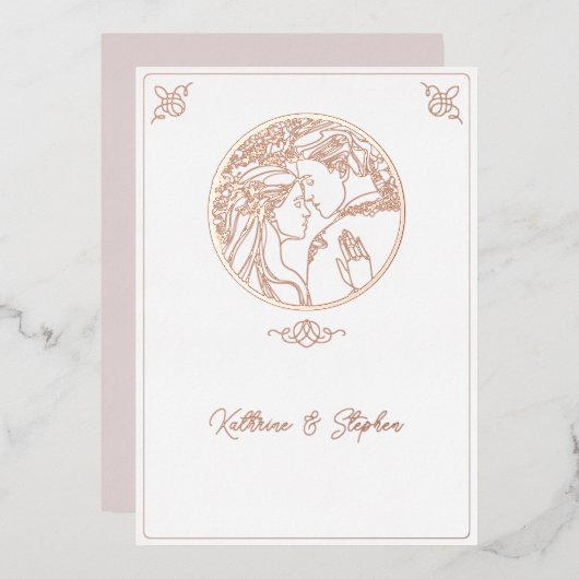 Folie Line Couple Wedding Invitation Folie Uitnodiging (Voorkant / Achterkant)
