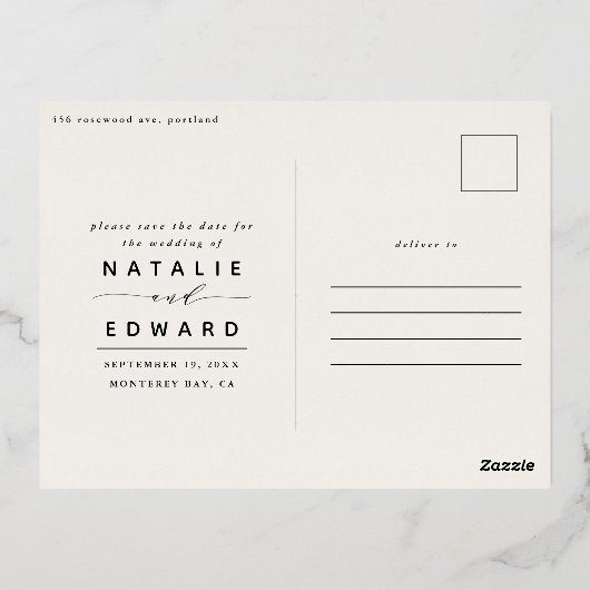 Folie marineblauwe witte bruine bruiloft met uitzo folie feestdagen briefkaart (Achterkant)