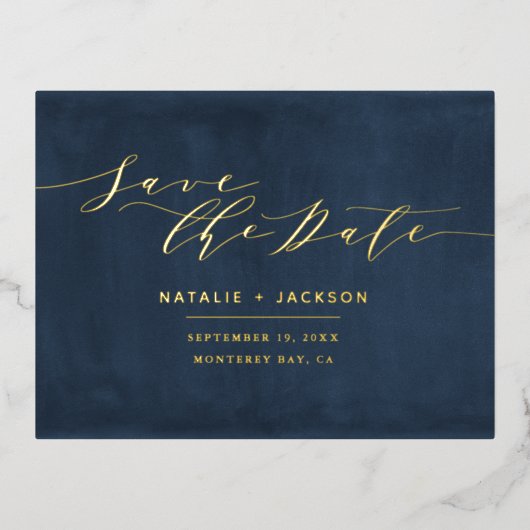 Folie marineblauwe witte bruine bruiloft met uitzo folie feestdagen briefkaart (Voorkant)