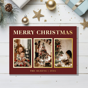 FOLIE Minimalistische Classic Kerst Rood Drie Foto Feestdagenkaart
