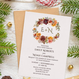 Folie Monogram herfst Rustic Plum Floral Wedding Uitnodiging