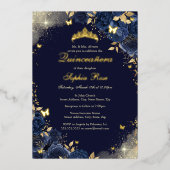 Folie Navy Gold Vlinder Bloemen Quinceanera Folie Uitnodiging (Voorkant)