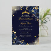 Folie Navy Gold Vlinder Bloemen Quinceanera Folie Uitnodiging (Staand Voorkant)
