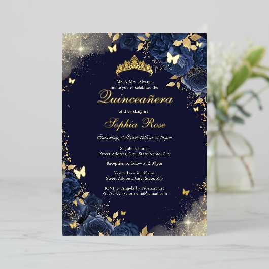 Folie Navy Gold Vlinder Bloemen Quinceanera Folie Uitnodiging (Staand Voorkant)