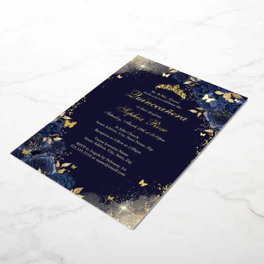 Folie Navy Gold Vlinder Bloemen Quinceanera Folie Uitnodiging (Gedraaid)