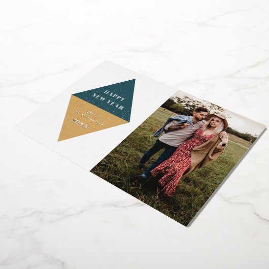 Folie Nieuwjaar Geometrische fotokaart - Blauwgroe Folie Uitnodiging (Gedraaid)