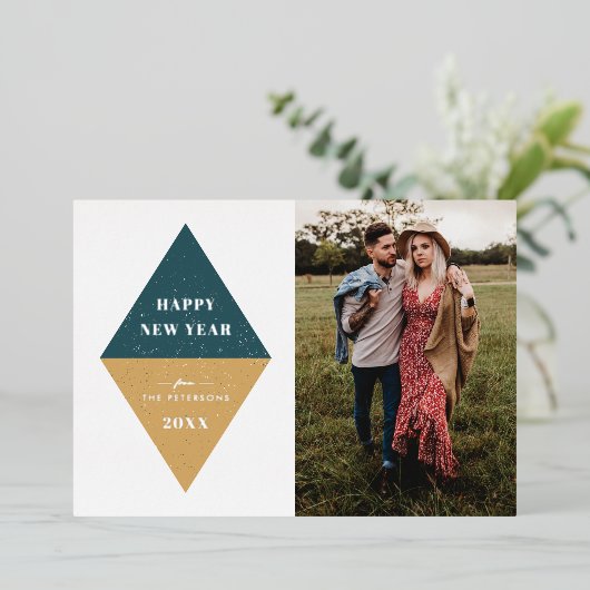 Folie Nieuwjaar Geometrische fotokaart - Blauwgroe Folie Uitnodiging (Staand Voorkant)