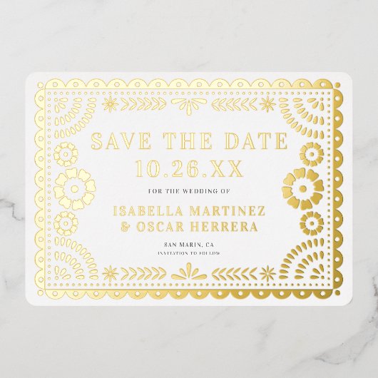 Folie Papel Picado Fotobruiloft Save the Date Kaar Folie Uitnodiging (Voorkant)