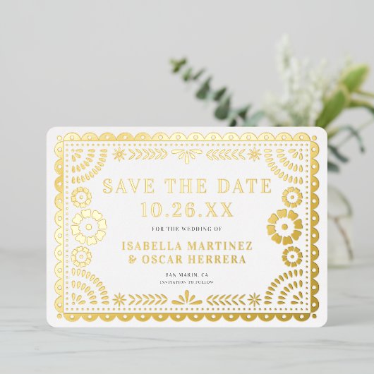 Folie Papel Picado Fotobruiloft Save the Date Kaar Folie Uitnodiging (Staand Voorkant)