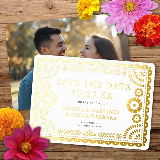 Folie Papel Picado Fotobruiloft Save the Date Kaar Folie Uitnodiging