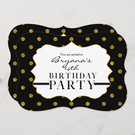 Folie Polka Dots Party Invitation Black & Gold Fau Kaart (Voorkant / Achterkant)