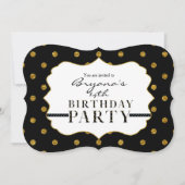 Folie Polka Dots Party Invitation Black & Gold Fau Kaart (Voorkant)