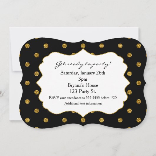 Folie Polka Dots Party Invitation Black & Gold Fau Kaart (Achterkant)