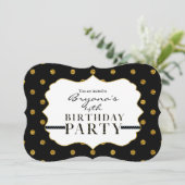 Folie Polka Dots Party Invitation Black & Gold Fau Kaart (Staand voorkant)