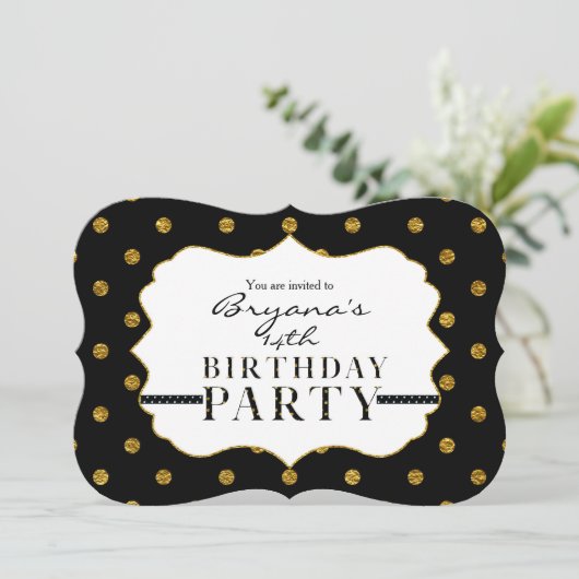 Folie Polka Dots Party Invitation Black & Gold Fau Kaart (Staand voorkant)