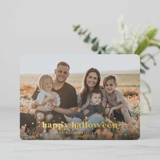 Folie Retro Font + Stars Happy Halloween-fotokaart Folie Uitnodiging (Staand Voorkant)