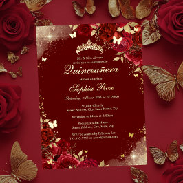 Folie Rood Gouden Vlinder Bloemige Quinceanera Uitnodiging