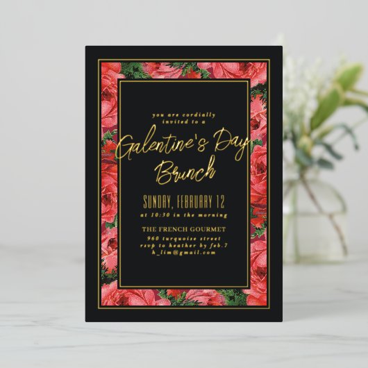 Folie Roos Lijst Galentine's Day Invitation - Blac Folie Uitnodiging (Staand Voorkant)