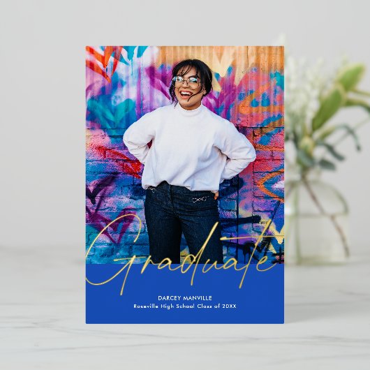 Folie script afstuderen aankondiging fotokaart (Staand Voorkant)