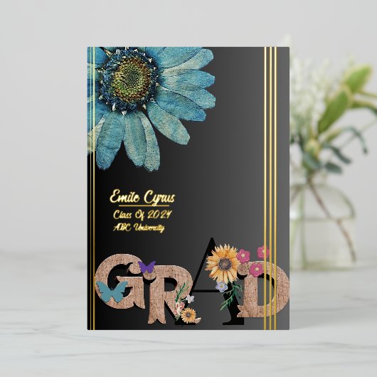 Folie Script Retro floral Afstuderen Aankondiging (Staand Voorkant)