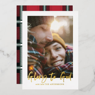 folie script roem aan god rood tartan foto  feestdagenkaart