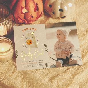 Folie Spoky Eén Halloween Eerste Verjaardag Foto Uitnodiging