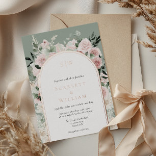 Folie Stof Roze Goud Boog Salie Monogram Huwelijk Uitnodiging