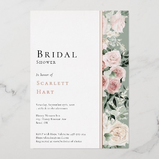 FOLIE Stoffig Roos Goud Sage Modern Vrijgezellenfe Folie Uitnodiging (Voorkant)