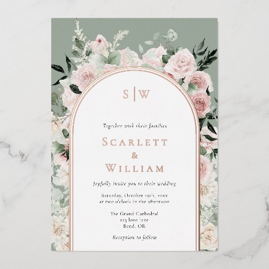 FOLIE Stoffig Roos Gouden Boog Sage Monogram Bruil Folie Uitnodiging (Voorkant)