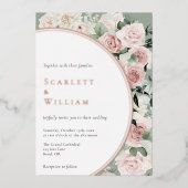 FOLIE Stoffig Roos Gouden Salie  Bloemen Bruiloft Folie Uitnodiging (Voorkant)