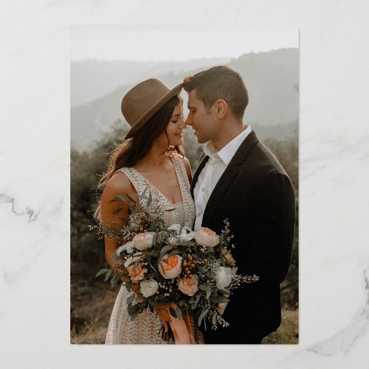 FOLIE Stoffig Roos Gouden Salie  Foto Bruiloft Folie Uitnodiging (Achterkant)