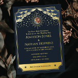 Folie Sun en Moon Tarot Kaart Wedding Invitation<br><div class="desc">Voeg een vleugje hemelse magie toe aan je grote dag met deze Sun and Moon Tarot Kaart Wedding folie Invitation! Deze bruiloftsuitnodigingen hebben een op tarot geïnspireerd ontwerp met een stralende zon, maan, sterren en wolken in echte gouden folie tegen een mysterieuze marineblauwe achtergrond. Perfect voor een liefdesverhaal zo betoverend...</div>